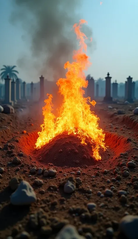 A hyper-realistic scene in a Bangladeshi Muslim cemetery in broad daylight. A freshly buried grave, with the soil still loose and slightly uneven, sits in the middle of the graveyard. Around the grave, bright orange flames burn intensely, their heat distor...