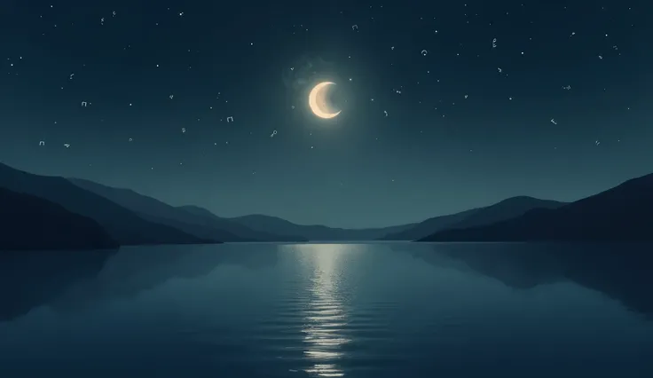 A scenic minimalist landscape at night, featuring a gentle moon reflection over a still lake, with subtle music notes softly floating across the sky