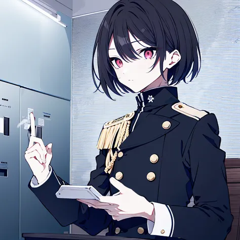  super precision 　 top quality　One person　 short　male　 black room　 black mixed red hair　 deep red eyes like ice　A beautiful face that is as well-groomed as ice　Another world style　despair　 wearing a black military uniform 　 expressionless 　first round