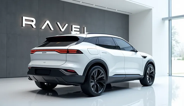 A captivating image of a 2025 (cupra ravel) suv, taking center stage in a luxurious white showroom. The vibrant (white) exterior gleams, accentuating the car's sleek, aerodynamic design and striking accents. The back) view showcases the cutting-edge innova...