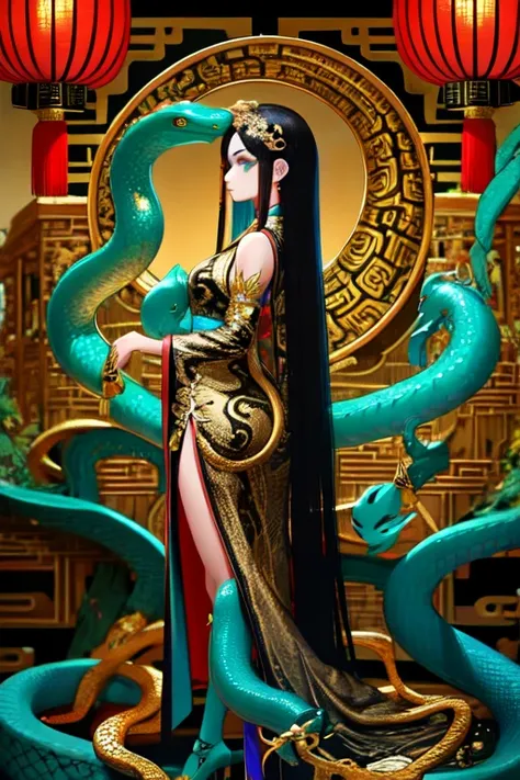 Snake cloth, chinese woman, long jet-black hair, golden serpent hairpins, gold serpent scale silk qipao, (black and gold:1.3), (leans forward:1.3), emerald scale embroidery, jade-green slit eyes, iridescent serpent, turquoise scales, coiled pose, misty bam...