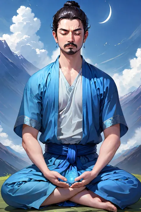 A man in blue, a manly face, and meditation