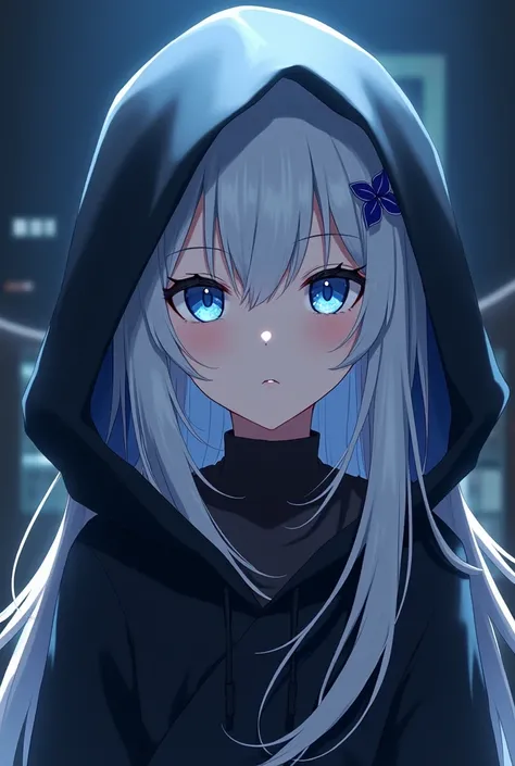  female , anime, white hair, blue eyes,blue  Higanbana hair pins,Long hair straight,dark hood assassin but keep hood down,night background