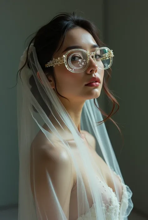 The model is wearing glass sunglasses with stars and the moon on the glass naked full body sexy wearing a thin veil