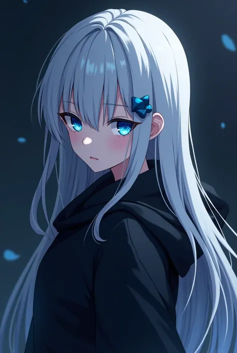  female , anime, white hair, blue eyes,blue  Higanbana hair pins,Long hair straight,dark hood assassin but keep hood down,night background