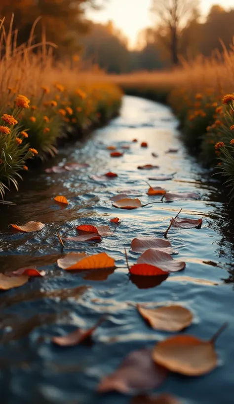 Create a "close-up" of dry leaves drifting in the river. A small flowing river. On the banks are beautiful grass and flowers. Dry leaves drifting in the water. Beautiful close-up and details. The beauty of nature is visible. A breezy atmosphere. Cinematic ...