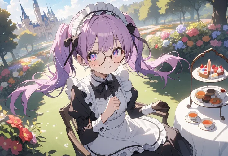 Long purple hair ,  I'm wearing a maid outfit, round glasses, Round eyes 鏡, European garden, flower garden, Enchanted Garden, castle, Front Light ,Cute 2D, Front lighting 、( to show your lower belly、masterpiece、 high resolution、 Details)、animeスタイル、 Flat St...