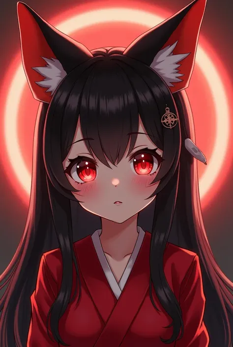 A young Japanese girl dressed in red with heavenly eyes with shades of red ,  white skin and long black hair with bangs and a white lock  ,  small red fox ears above her head that has an illuminated aura around her 