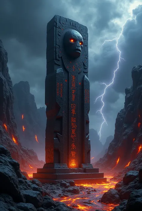 A mystical ancient idol carved from dark stone, covered in glowing runes, standing in a dangerous environment. The idol has an eerie, otherworldly aura, with sharp, angular features that seem to radiate power. The background is filled with molten lava flow...