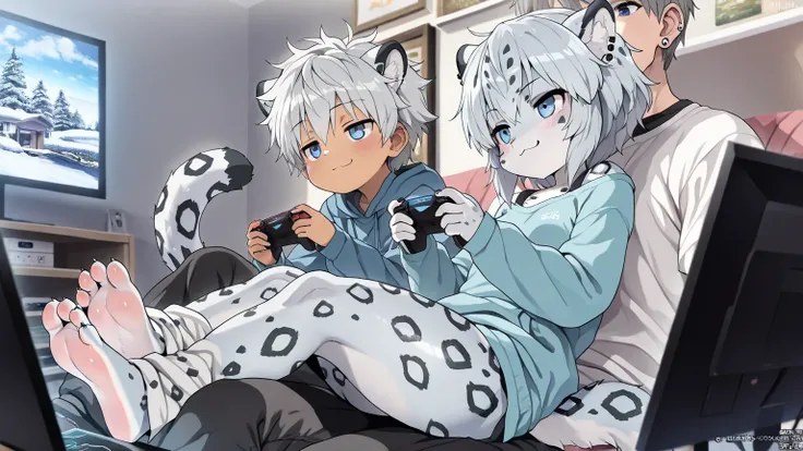 (Masterpiece, best quality:1.2), (couple), hetero, (duo focus), 1girl, 1boy, console, tv, playing games, living room scenery, BREAK, 1girl, furry girl, snow leopar ears, snow leopard tail, small, short, young, female is small and cute, female is very young...