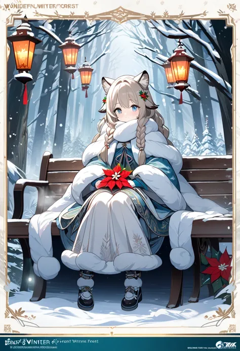 (1girl),animated girl sitting on a bench in the snow with a lantern, winter concept art, 8K high quality detailed art, animated art wallpaper 8K, goddess of winter, eyes shining in vivid colors, elaborate and delicate ornaments and dresses, detailed drawin...