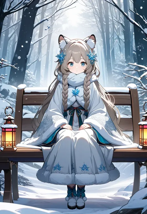 (1girl),animated girl sitting on a bench in the snow with a lantern, winter concept art, 8K high quality detailed art, animated art wallpaper 8K, goddess of winter, eyes shining in vivid colors, elaborate and delicate ornaments and dresses, detailed drawin...