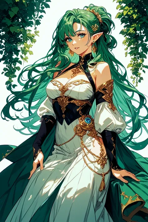    anime style illustration 　　 Beautiful girl with green hair 　  tie long hair and hang it over your shoulders　 earring that looks like a cog　 Elf Ears 　 White open chest dress  　  long skirt 　  fantasy　 young woman