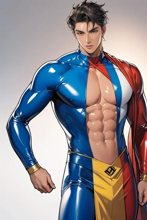 (High resolution CG), (   top quality ), (High resolution CG), (   top quality ),   cool latex superhero boy,   hand ,    tall   ,   Beautiful skin,  I'm a superhero  、 I have a beautiful body ,   Hero Costume  ,  attractive, sober young man   ,   thin mac...