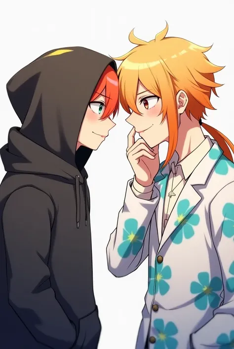 Two guy forehead head touching, one guy with ginger hair with a yellow streak hair strand with green eyes wearing a black hoodie over his head embarrassed, one guy with blond lower side ponytail hair with orange gradient hair with ember round eyes wearing ...