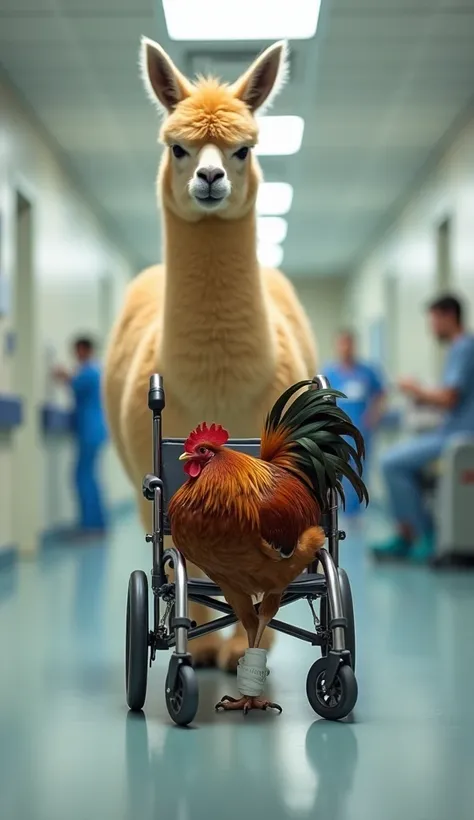 "A majestic golden llama carefully pushes a wheelchair carrying the injured rooster through the hospital corridor. The rooster, now recovering, sits comfortably with a white medical bandage wrapped around its leg. Its feathers are slightly ruffled but show...