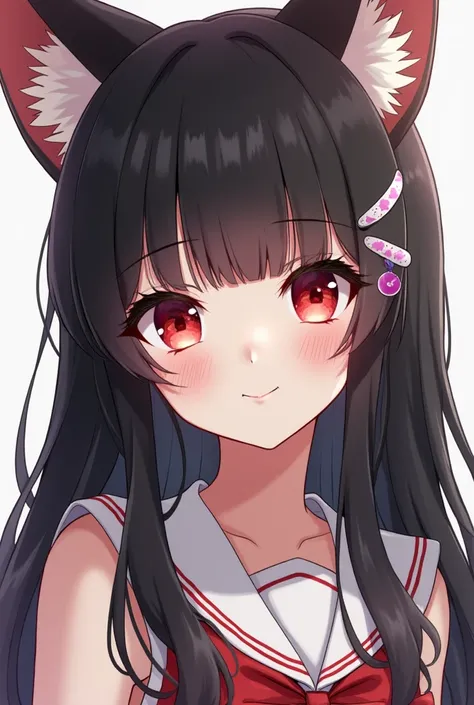 A Japanese girl with heavenly eyes with shades of red  ,  white skin and long black hair with bangs and a white lock  , small red fox ears above the head . Next to her if she has a girl like her with white hair and eyes of a light blue similar to white 