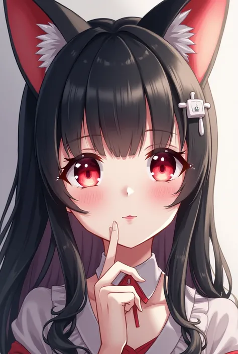 A Japanese girl with heavenly eyes with shades of red  ,  white skin and long black hair with bangs and a white lock  , small red fox ears above the head . Next to her if she has a girl like her with white hair and eyes of a light blue similar to white 