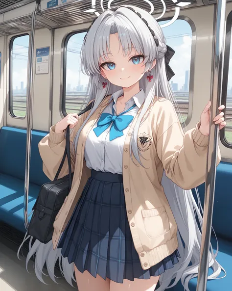 1girl,Carlotta (Wuthering Waves) silver hair,Wearing blue archive school clothes, poses gracefully in front of the train,smooth shiny shading
