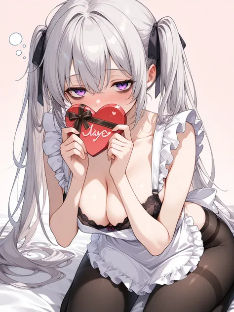 ((masterpiece, best quality, extremely detailed)), 1girl, silver hair, long hair, twintails, purple eyes, sleepy, bags under eyes, hair ribbon, nearly naked apron, white apron, frills, bra, panties, black pantyhose, valentine, chocolate, embarrassed, cover...