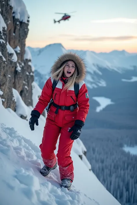 Beautiful blonde woman desperately yelling, wearing heavy puffy red white padded one piece down suit, puffy hoods, heavy puffy gloves, falling from the mountain cliff in Lapland, rescue helicopter on horizon