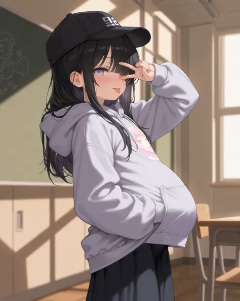 high quality, masterpiece, nsfw, 1 girl, loli, long hair, ((black hair)), light purple eyes, black cap, pregnancy, oversized hoodie, long skirt, class room, v, covering one eye, from side, tongue out, lift hoodie,