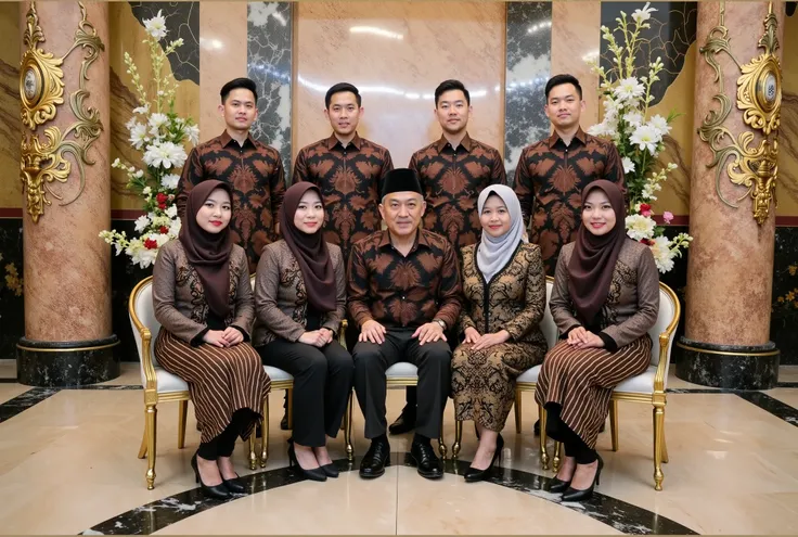 A stunning formal group portrait of nine individuals in an opulent setting, exuding elegance and sophistication. The background showcases intricate marble textures and ornate floral patterns, beautifully complementing the polished marble floor. The four me...