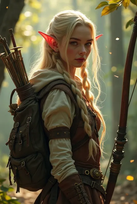 (masterpiece, best quality), intricate details, 1woman, rpgelf, elf, small ears, sorcerer, queen of dreams, wood, belt with dagger sheath, braids, blonde hair, long hair, fair skin, pink eyes, side shave, adventurer, backpack, wields a bow