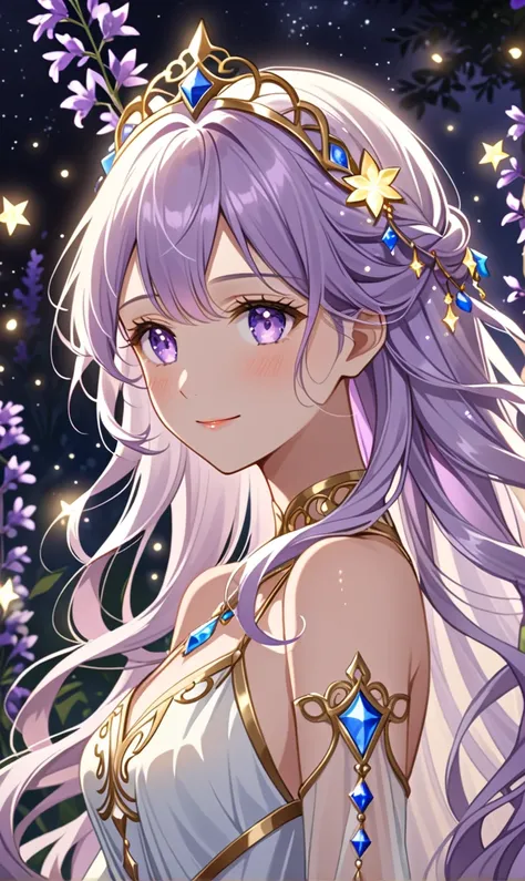 A close-up of a celestial dancer with sparkling silver eyes and long, wavy lavender hair styled in a loose, half-up hairstyle, with tiny star-shaped ornaments woven into the strands. Her hair flows softly, as if caught in a gentle breeze. Her graceful, ton...