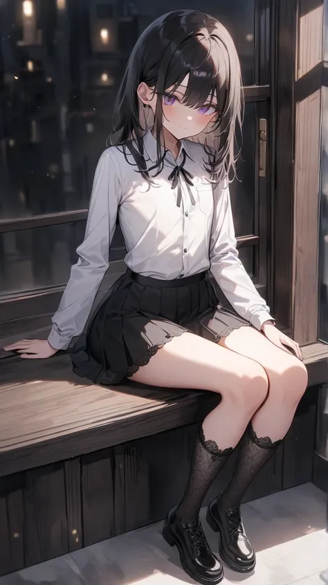 ((True best masterpiece, Ultimately perfect quality, Extremely delicate details)), A slender girl with flat chest, With black hair, Purple eyes, Wearing a white collared shirt, Wearing a gathered black skirt, Lace socks, Black boots, Sitting by a window, F...