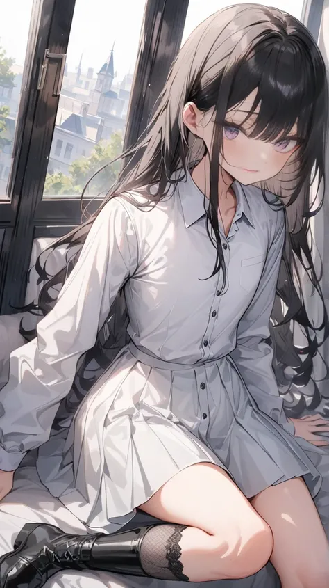 ((True best masterpiece, Ultimately perfect quality, Extremely delicate details)), A slender girl with flat chest, With black hair, Purple eyes, Wearing a white collared shirt, Wearing a gathered white skirt, Lace socks, Black boots, Sitting by a window, F...