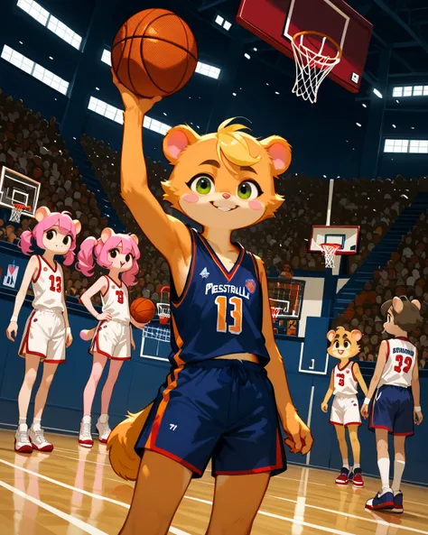 (furry petit hamster girl , shot hair , basketball uniform , dribble) , (Surrounded by giraffes , orgy:0.3)