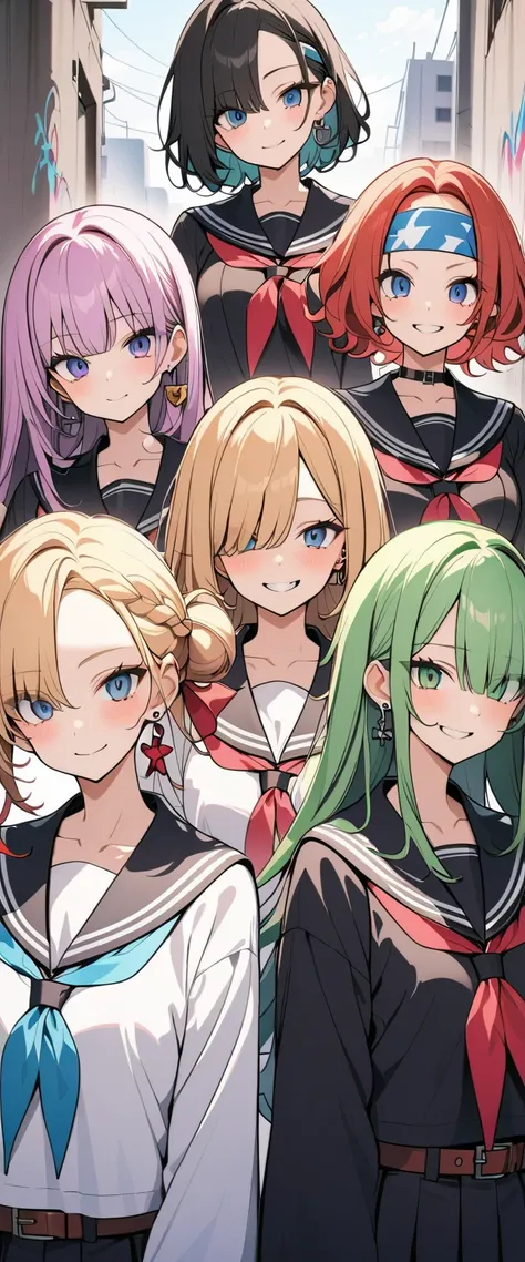 (Four beautiful girls : 1.3), girls ,( black sailor suit on the background, Long Sleeve, skirt,headband, earrings,belt,finger piercing gloves ,Lock, boots), blonde, black hair, Hair, Silver Hair, red hair ,Blue Hair,Green Hair,Pink hair,Purple Hair, ponyta...