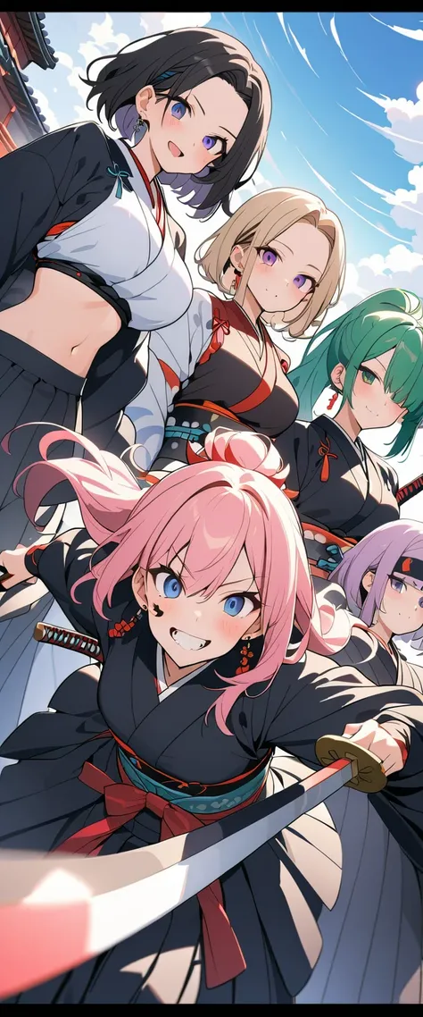 (Four beautiful girls : 1.3), girls ,(samurai,warrior, Japanese sword,headband,Chest guard, earrings), blonde, black hair, Hair, Silver Hair, red hair ,Blue Hair,Green Hair,Pink hair,Purple Hair, ponytail, bob cut, twin tails, long hair, short hair, bun ha...