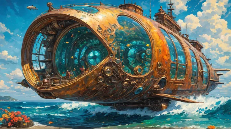 digital art, oil painting, Impasto , Detailed steampunk art ,  based on a novel by science fiction writer Jules Verne  " Twenty thousand leagues under water ".  A huge futuristic submarine  "Nautilus"  surfs the magnificent sea ,  filled with life and colo...