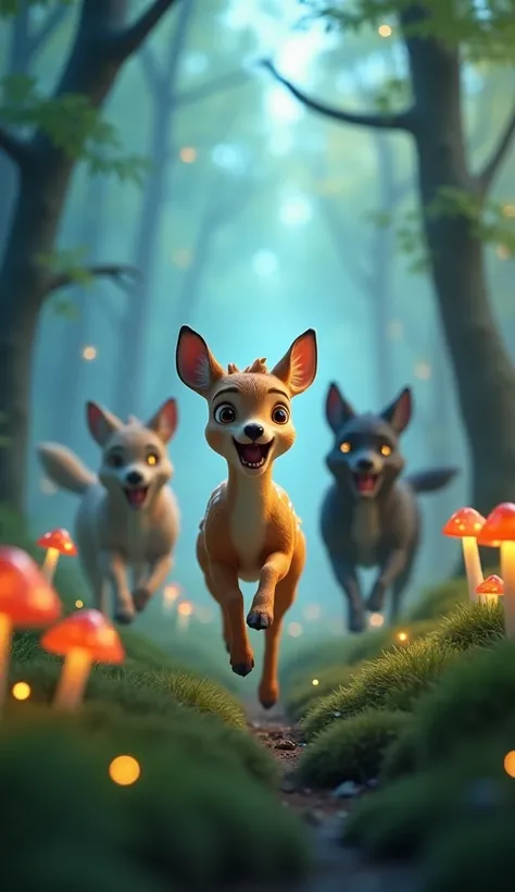 1. Wild Dogs Chasing the Baby Deer

"A fantasy-style 3D scene of a terrified baby deer with golden brown fur and glowing white spots running through an enchanted forest. Behind it, three wild, dark-furred dogs with glowing eyes and sharp teeth are chasing ...