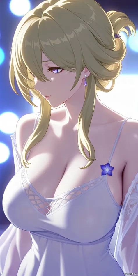 masterpiece, best quality, mature woman, milf, blonde hair, chignon hair, camisole, honkai: star rail cg style, upper body, dynamic lighting, blue light, purple and white colour costume.side view. light transparent dress, tight breast , net style blouse. n...