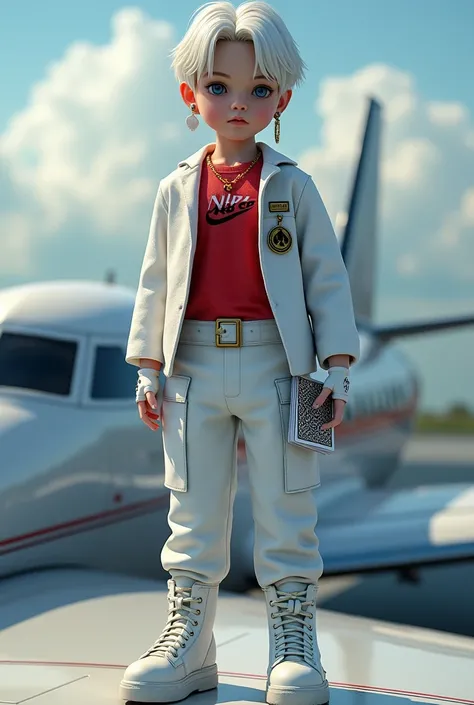 BJD doll,  boy, white hair, cool expression, white cross earrings, blue eyes, red sleeveless collarless top, NIKE logo top, white collared long-sleeved suit jacket, jacket with badge and chain, The coat is calf-length, white fingerless gloves, white belt, ...