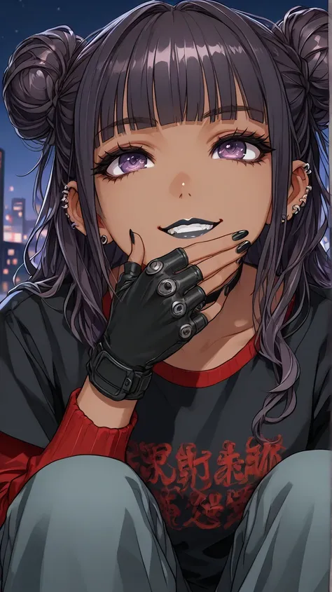 1Girl, Mature, Light Brown Skin, Dark Purple Eyes, Medium Wavy Jet Black Hair, Blunt Bangs, Double Bun, Black Lipstick, Smirk, Teeth, Covering Mouth, Black And Red High-Cut Long-Sleeve Shirt, Baggy Cargo Pants, Black Choker, Piercings, Fingerless Gloves, B...