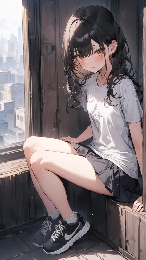 ((True best masterpiece, Ultimately perfect quality, Extremely delicate details)), A slender girl with flat chest, With black hair, Orange eyes, Wearing a t-shirt, Wearing a gathered skirt, Black sneakers, Sitting by a window, Full body, ((T-shirt, Short s...