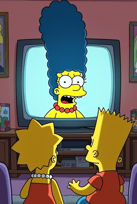 La famille simpson marge lisa bart et magie regarde la télévision. À la télévision il y a homer simpson qui est coincé dans la télévision, il est paniqué a peur il a la bouche ouverte 