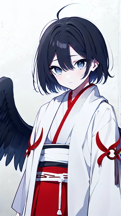  super precision 　 top quality　One person　 short　male　black髪に不吉に光る血の様な赤い瞳　Wings like angels　A red ring on the head　whole body　 standing picture　Background、black　Red Tears　 black and red shrine maiden clothes　 beautiful delicate face　eyes that look like the...