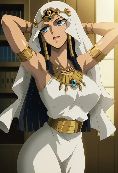 harayu ,  score_9,  score_7_ up the side,  source_ anime break 1 girl ,  look away , close- up the side,
Ishishtal , Black women, Eye of Horus,  jewelry,   black hair,   forehead jewel , Veil,  long hair,   hair tube ,  blue eyes, white dress,  armlet,  br...