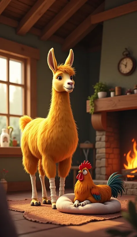 "The majestic golden llama has finally brought the injured rooster home. Inside a cozy wooden cottage, the rooster rests comfortably on a soft cushion, its legs still wrapped in white medical bandages. A warm fireplace crackles nearby, casting a golden glo...