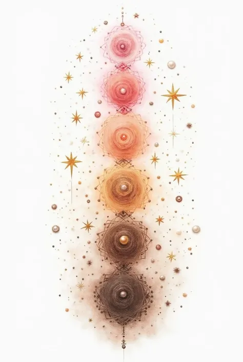 Dessin au crayon, white background, shades of brown , pale pink and taupe, filaments graphiques et abstraits,  HD, ajouter au centre beautiful 7 chakras, ornements pearls and stars en parfaite harmonie avec l'ensemble de l'image