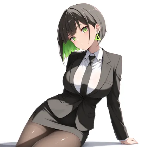 masterpiece, (((( best quality )))),1 girl, Japanese Anime ,character profilele,shiny skin, wearing a black suit,skirt suit, black tie , dark hair, short bob hair,The inner color of the hair is green, green eyes,isosceles triangle earrings, black tights,la...