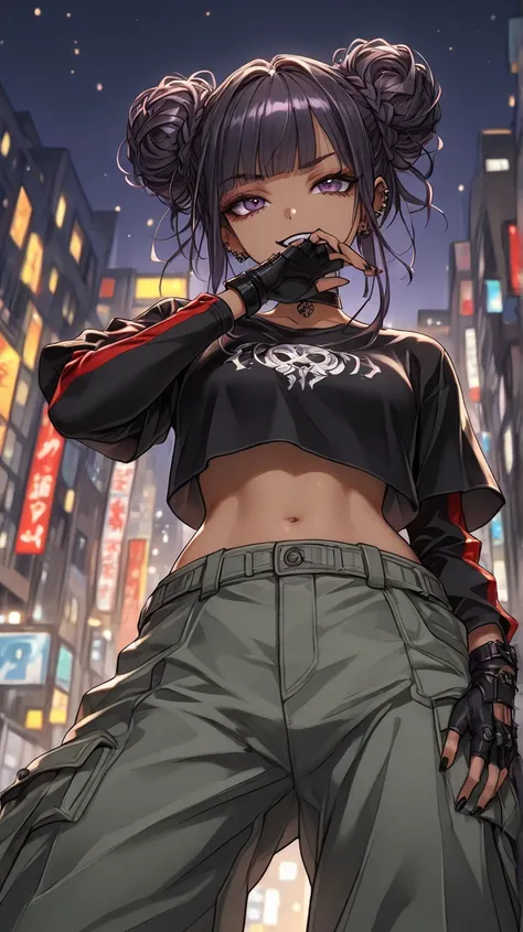 1Girl, Mature, Light Brown Skin, Dark Purple Eyes, Medium Wavy Jet Black Hair, Blunt Bangs, Double Bun, Black Lipstick, Smirk, Teeth, Covering Mouth, Black And Red High-Cut Long-Sleeve Shirt, Baggy Cargo Pants, Black Choker, Piercings, Fingerless Gloves, B...