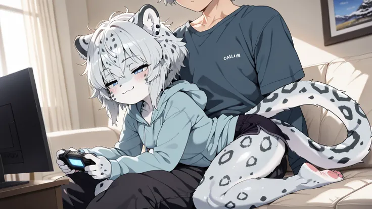 (Masterpiece, best quality:1.2), (couple), hetero, (duo focus), 1girl, 1boy, console, tv, playing games, living room scenery, BREAK, 1girl, furry girl, snow leopar ears, snow leopard tail, small, short, young, female is small and cute, female is very young...