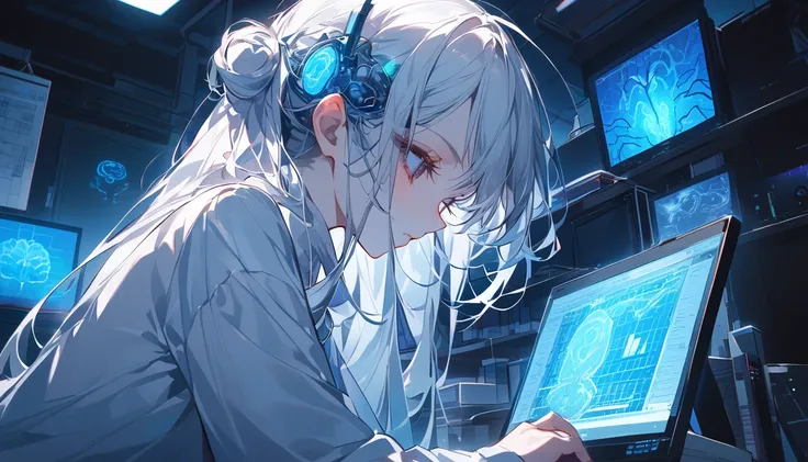 可愛い22歳の girl,Research staff working at a brain science laboratory , girl,White Hair,simple white coat, large research facility with neon lights, Delicate Details,I'm studying the brain, labs with lots of monitors , Monitors are brains ,  girlは美しい目と唇を持っています...