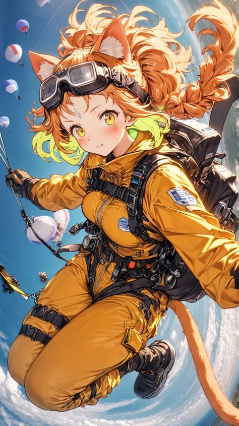 unclear(  top quality、  Masterpiece、  high resolution)、((1 person)), sport healthily, skydiving,Ibaraki ,( skydiving可愛い女性)Clear skies, daytime,Above,jump,(parachute),(Cat anthropomorphism,Cat ears,Cat tail)( skydiving,Cat ears helmet),,( Medium orange hair...